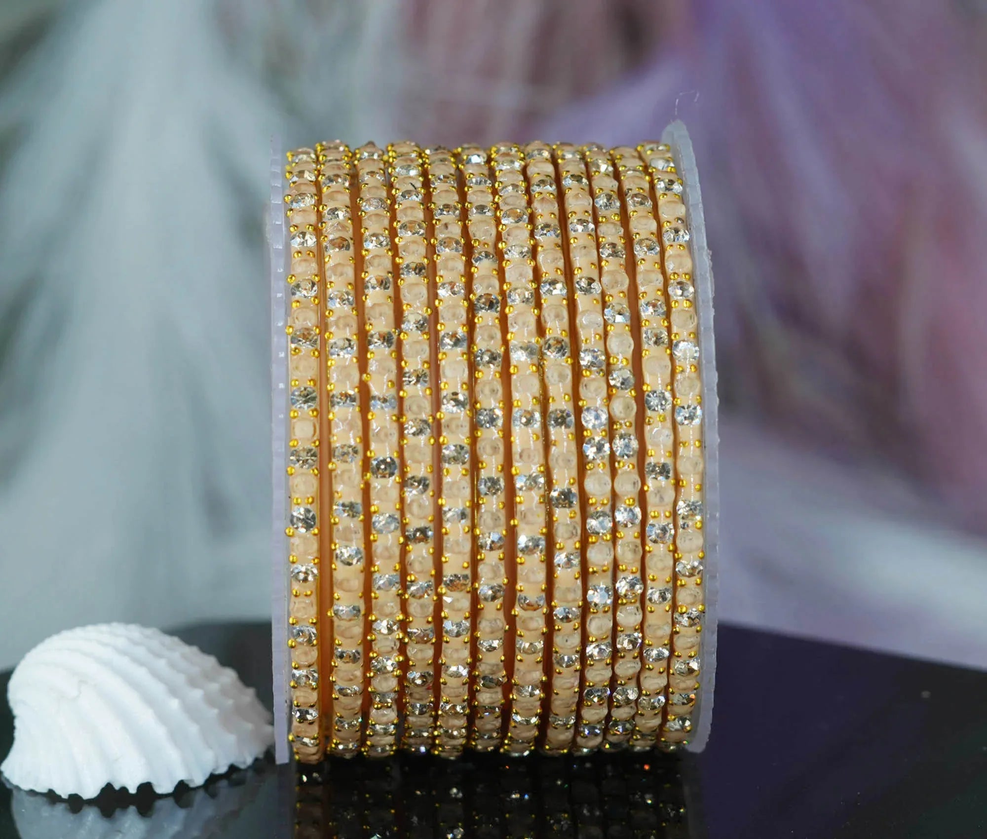 Glass Bangle with Beads Studded for Women & Girls (Pack 12 Bangles) - The Golden Cascade